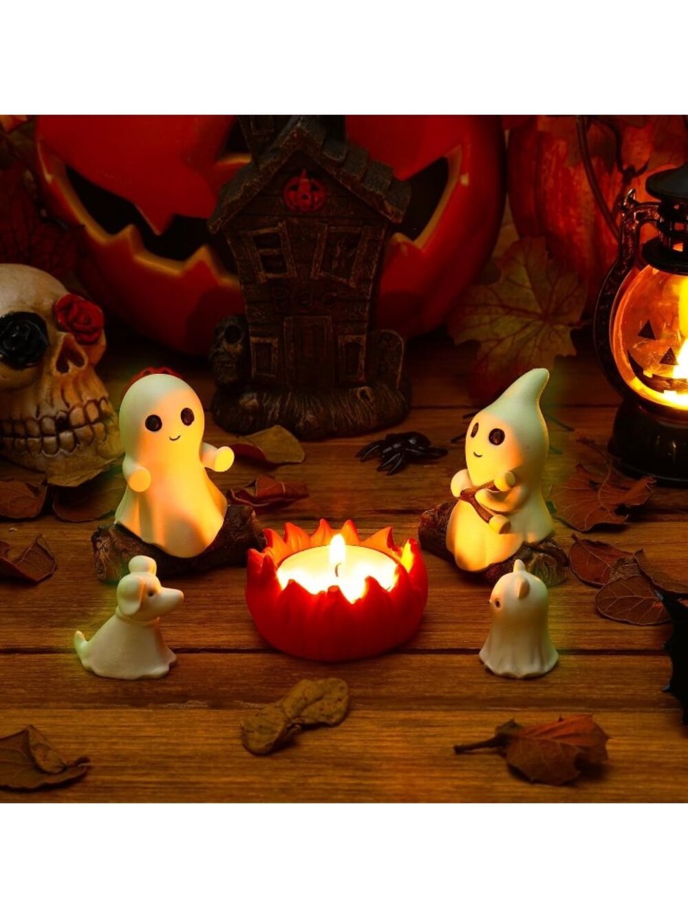 Glow in The Dark Ghost Campfire Set Miniature Cute Ghost Dog Cat Halloween Decor